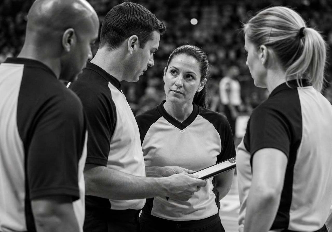 A diverse officiating crew in black-and-white uniforms talking together on the sideline before an assignment, focused and supportive.