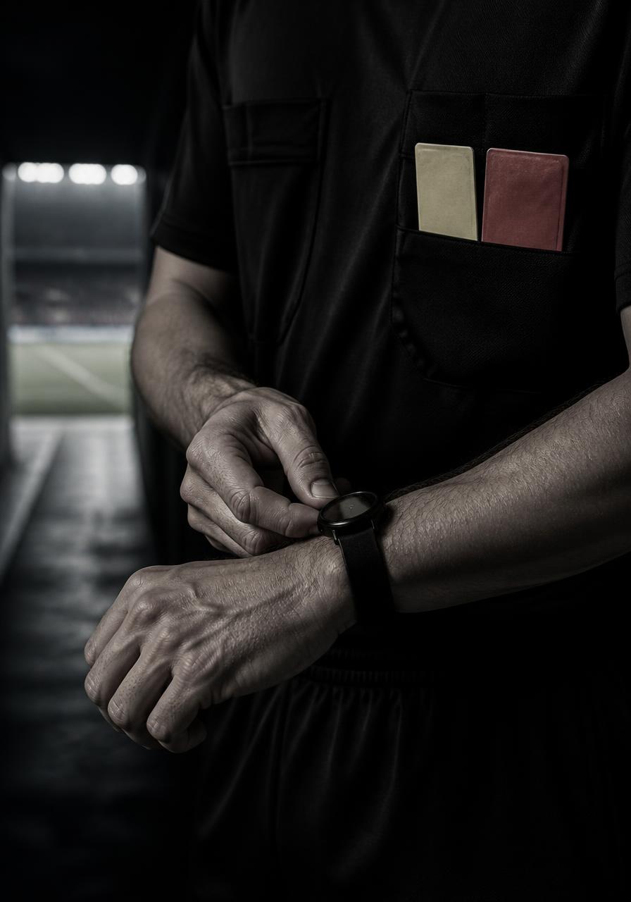 Close view of a soccer referee fastening a watch before an assignment, red and yellow cards in the shirt pocket.