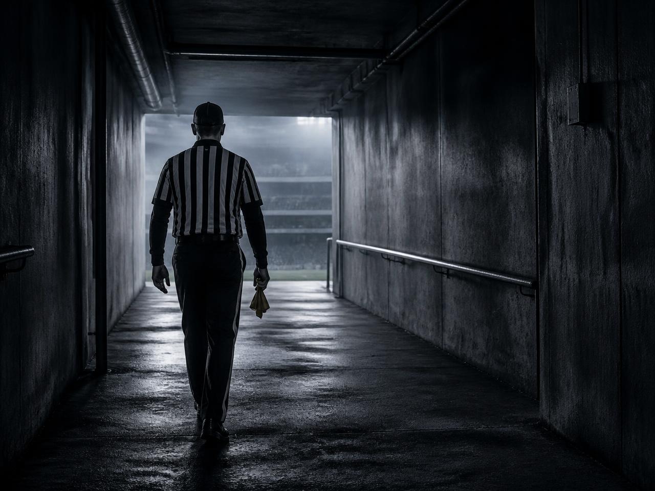 An American football official walking alone through a stadium tunnel after an assignment, seen from behind.