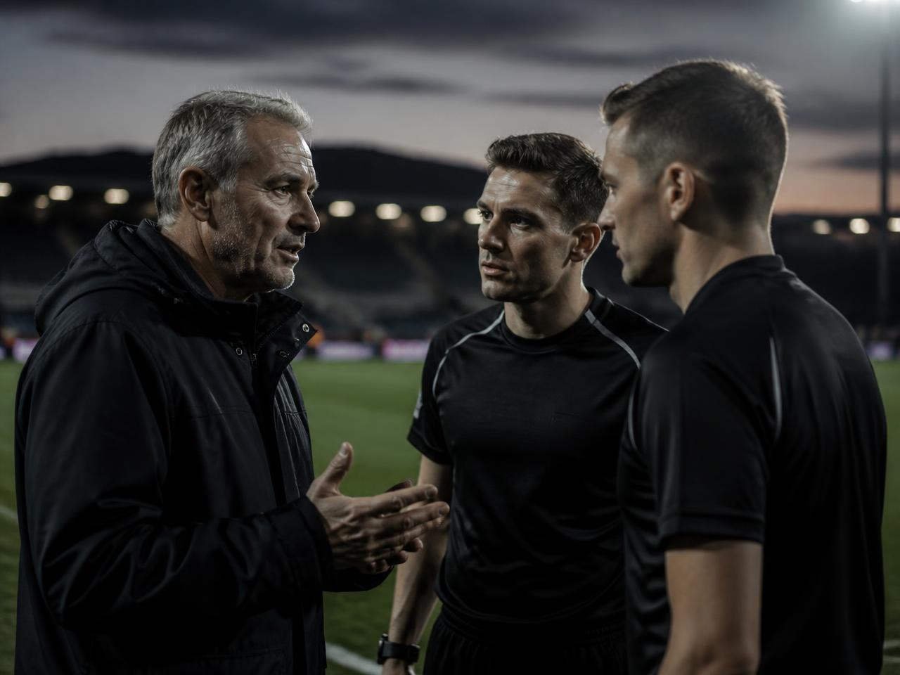 An experienced referee manager talking beside the field with two officials who are listening closely.